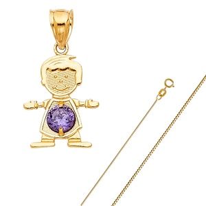 14K Yellow Gold February Birthstone CZ Boy Pendant
